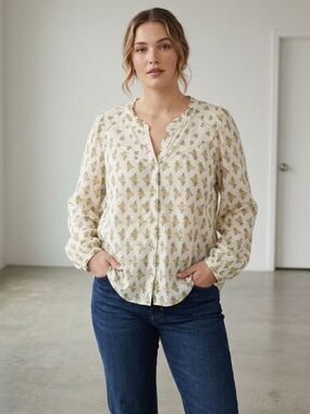 Lucky Brand Cream Blouse with Yellow-Green Floral Print